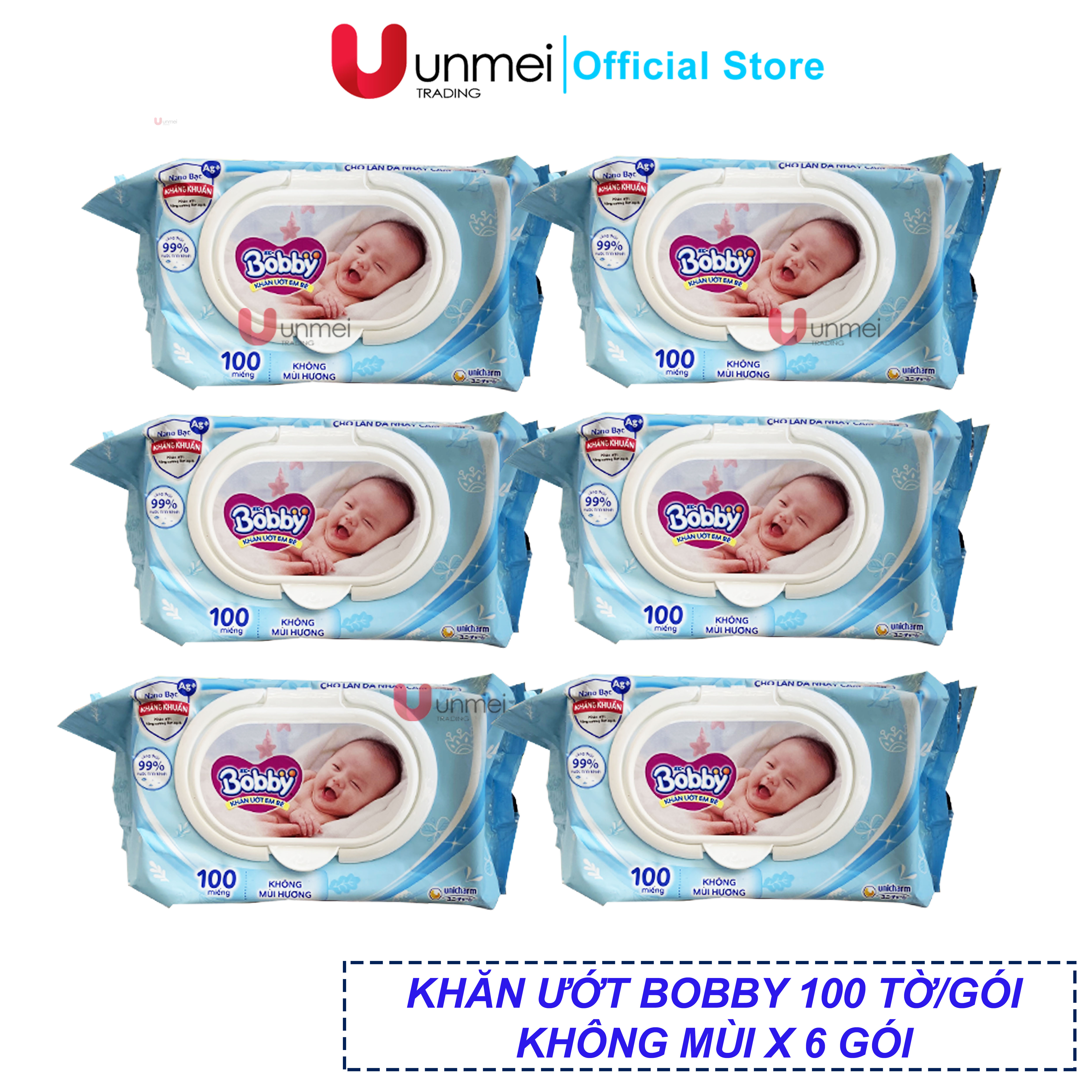 Combo tiết kiệm: 6 gói khăn ướt bobby care không hương 100 miếng/gói