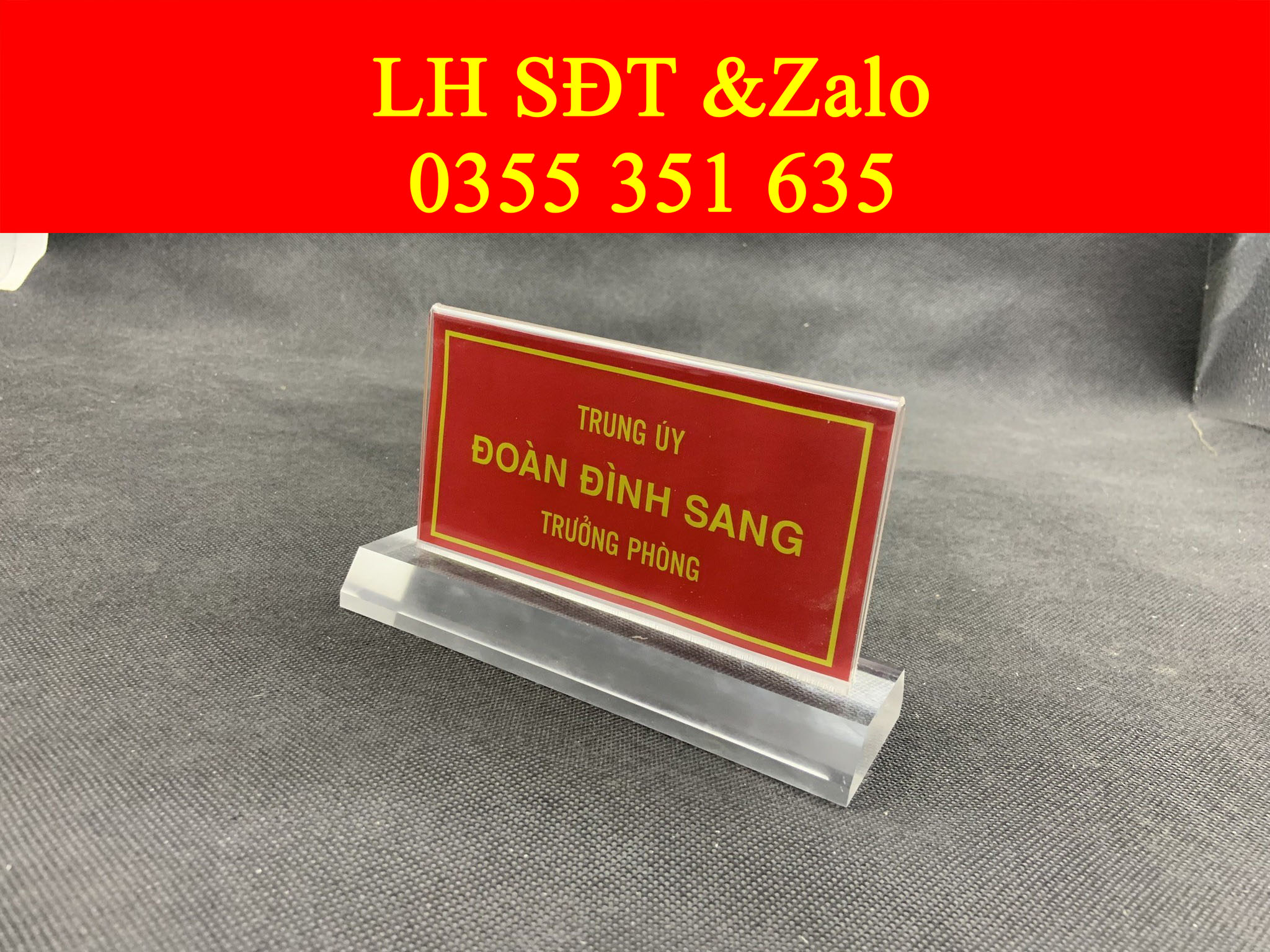 Biển chức danh mica quân đội để bàn, bảng chức danh mica quân đội để bàn, kệ chức danh quân đội để bàn, biển chức danh mica để bàn kích thước 8x15cm, biển tên quân đội để bàn