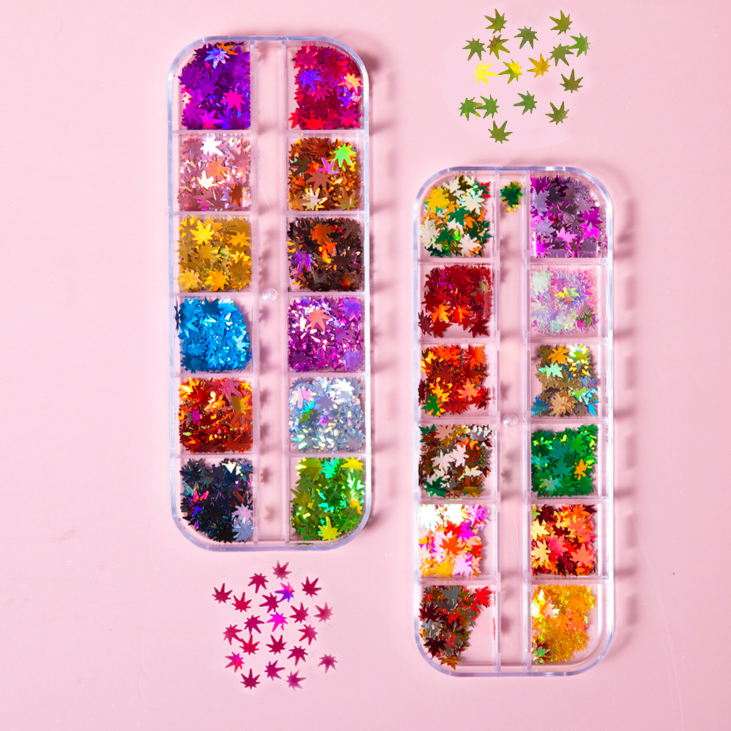 Set 12 ô nhũ hình lá phong 4D lấp lánh rất sáng - nhũ nail trang trí móng tay nghệ thuật