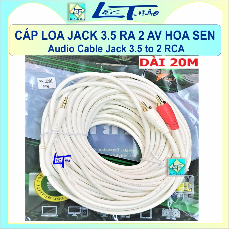 Cáp loa Jack 3.5 ra 2 hoa sen AV dài 20M  Jstar JSJ cao cấp chống nhiễu (Dây loa Jack 3.5 ra Hoa sen, Cáp loa 1 đầu Jack 3.5 ra 2 AV Hoa sen) - 3.5 Stereo Male to 2RCA Male Audio Splitter Cable