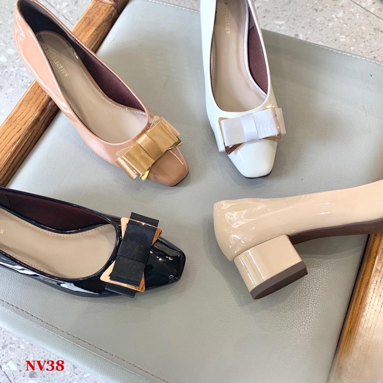 Giày cao gót 3 phân mũi vuông gót vuông phối nơ đồng _ a3005xb_nơviendong