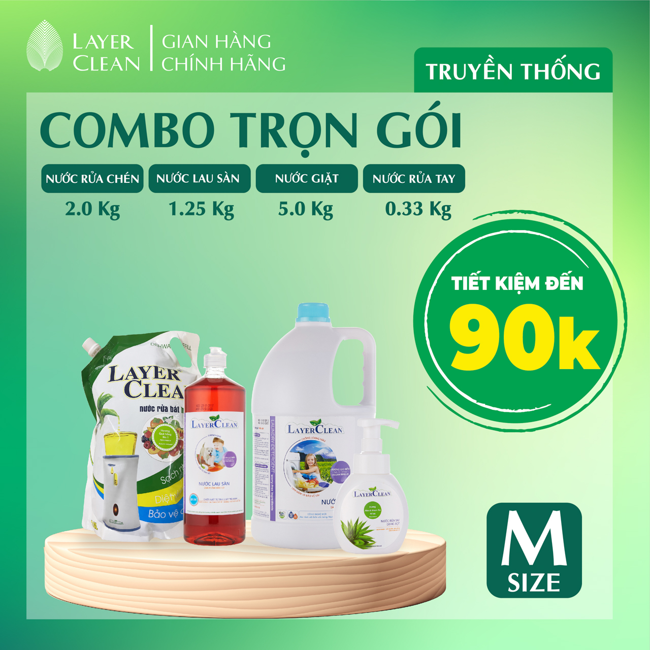 Combo trọn gói LayerClean size M nước rửa chén Quýt , nước lau sàn Quế , nước giặt Gió biển , nước rửa tay
