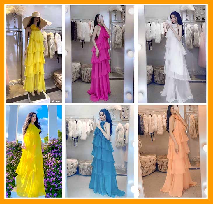 💖 MẪU HÓT 💖 Đầm maxi voan tầng yếm hoa cổ, Đầm maxi đi biển tầng yếm xích 5 Màu có video và ảnh thật 01