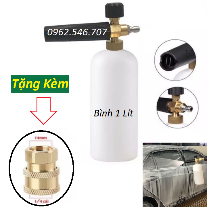 Bình phun Xịt Rửa Xe Tạo Bọt Tuyết 1000ml dùng cho máy rửa xe - Bình 1L + Khớp Nối