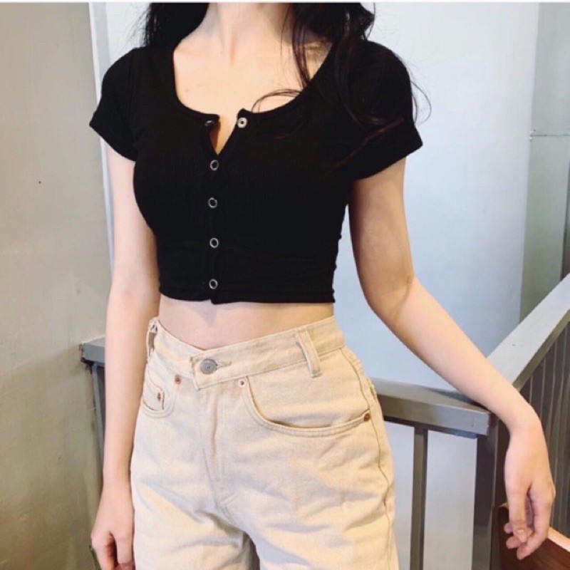Áo Croptop Nữ Dáng Ôm Tay Ngắn khóa cúc Madela phong cách Ulzzang chất liệu thun tăm