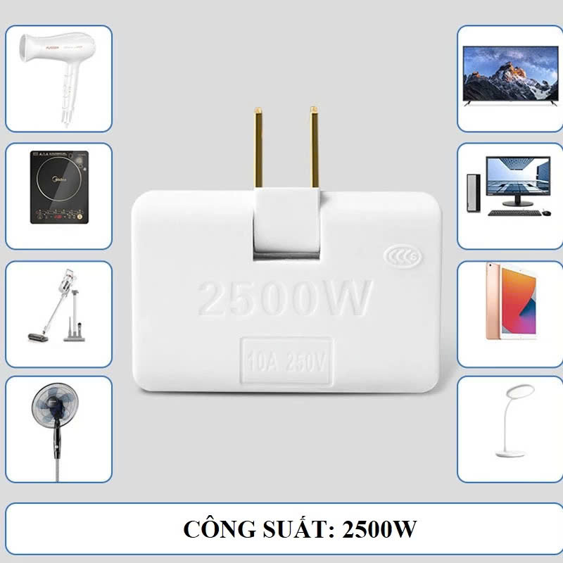 Phích điện chia 3 ổ cắm gấp gọn 180 độ công suất 2500W nhỏ gọn tiện lợi với không gian hẹp