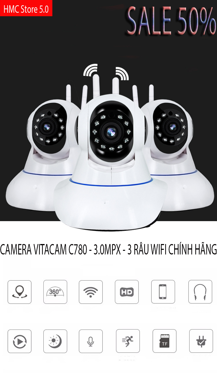 CAMERA VITACAM C780 - 3.0MPX - 3 RÂU WIFI CHÍNH HÃNG Camera Ip Wifi Vitacam C780 là mẫu camera ip thông minh mới nhất của Vitacam mới có mặt trên thị trường vào cuối năm 2020. BẢO HÀNH 12 THÁNG 1 ĐỔI 1 TẠI HMC Store 5.0