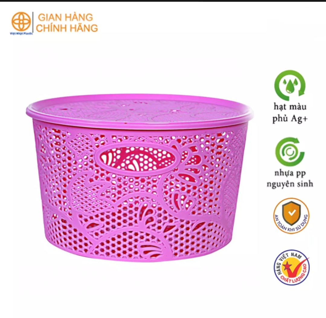Rổ nhựa tròn có nắp đựng đồ đa năng Việt Nhật cao cấp. Kích thước : miệng 21.5x đáy 18x cao 12cm