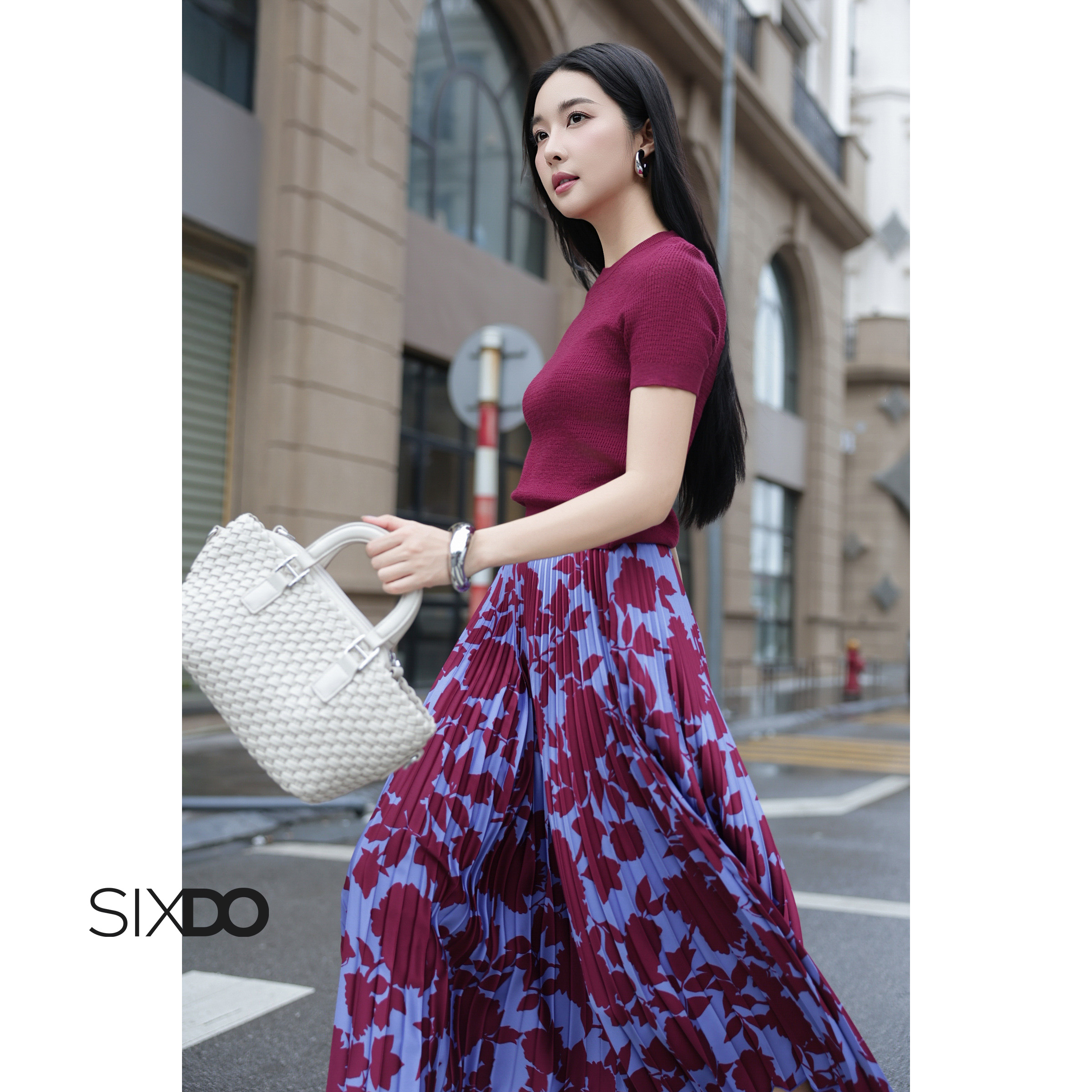  Chân váy lụa dáng xòe dài xếp ly SIXDO  Silk Flared Skirt  