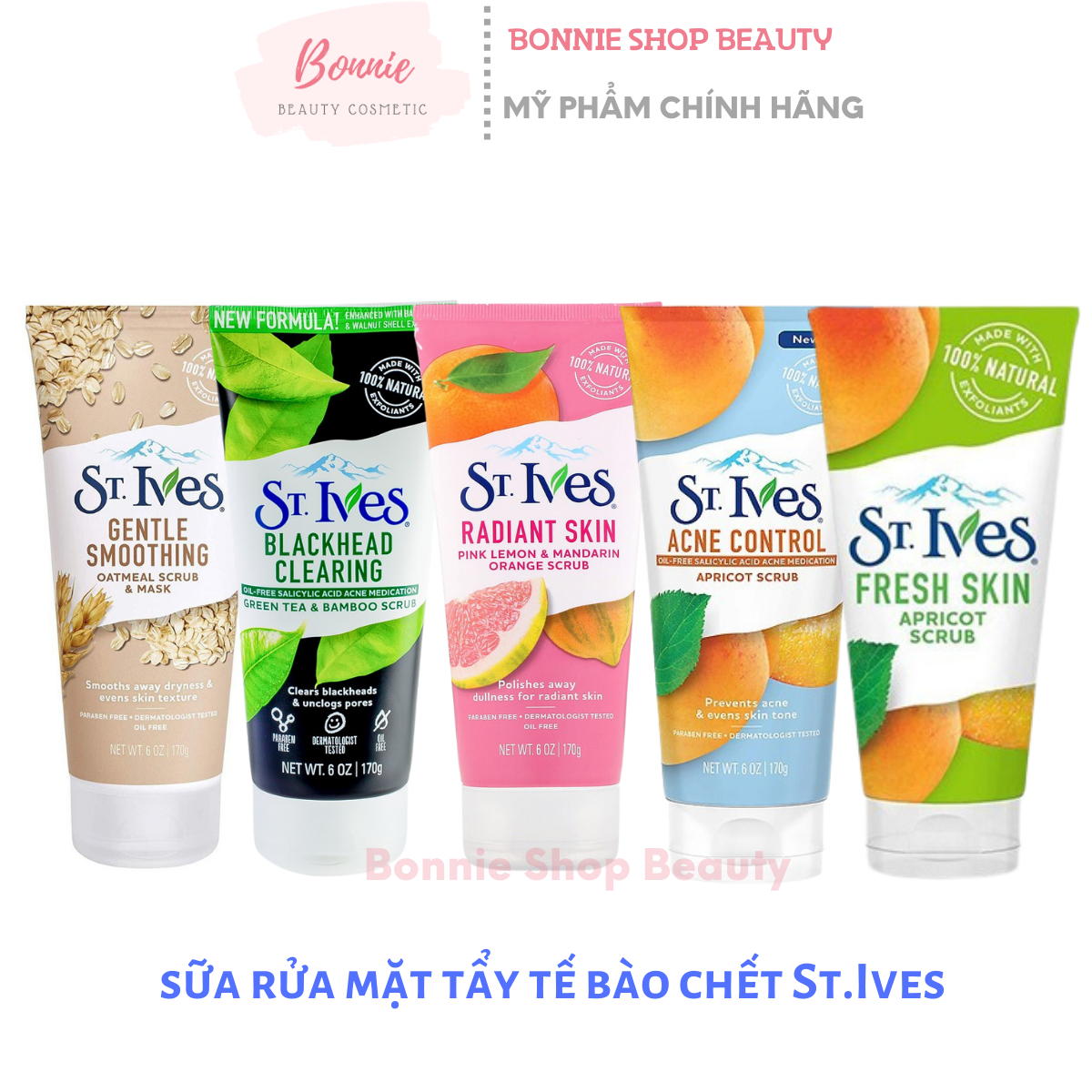 Sữa rửa mặt tẩy tế bào chết st.ives scrub trà xanh/ yến mạch/ chanh/ mơ 170g, sữa rửa mặt st.ives làm sạch và sáng mịn da st.ives bonnie shop beaty