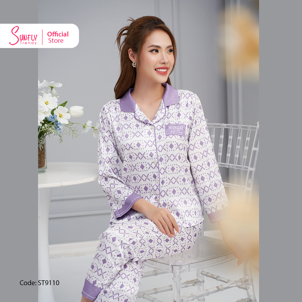 Đồ bộ mặc nhà nữ pyjamas lụa sunfly áo tay lỡ quần dài st9110