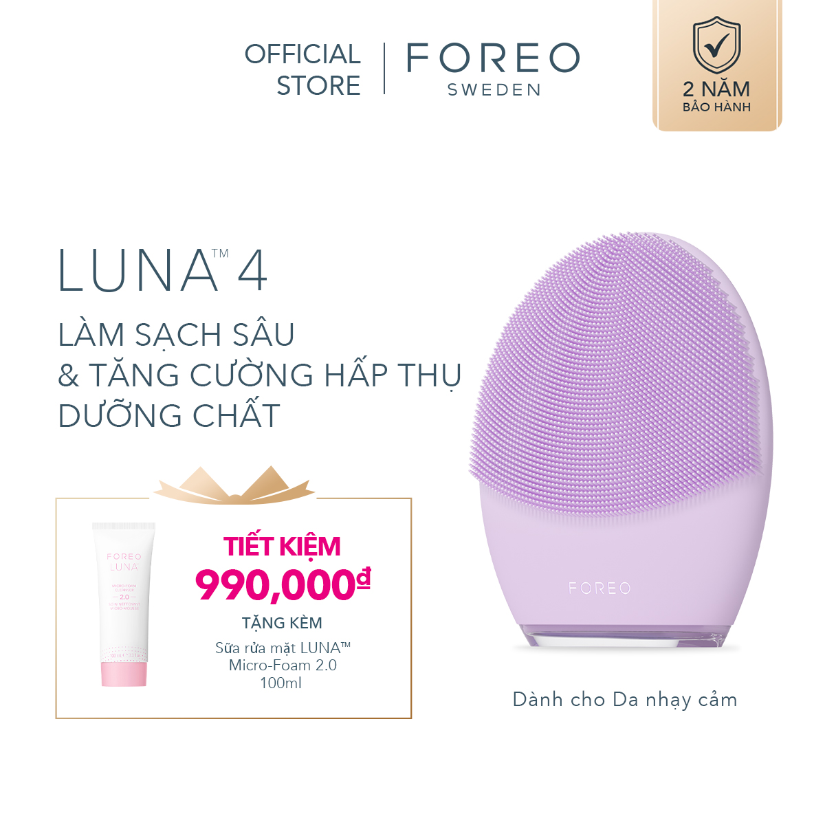 Máy rửa mặt FOREO LUNA 4 cao cấp mát-xa trẻ hoá da bằng sóng âm T-sonic phiên bản cho da nhạy cảm gai slilicon kháng khuẩn thế hệ mới