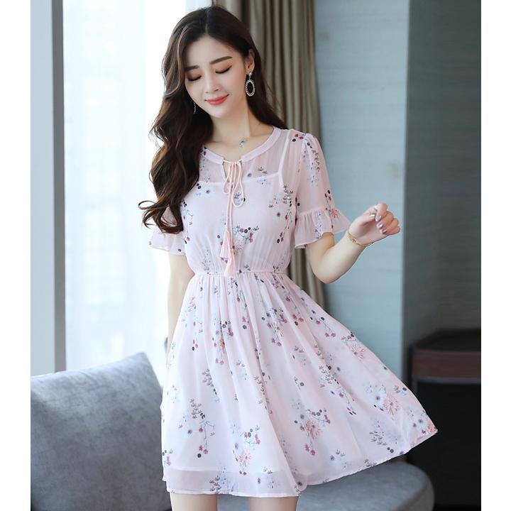 [HCM]Đầm voan hoa màu hồng thắt nơ bo eo tay ngắn thời trang dạo phố cao cấp