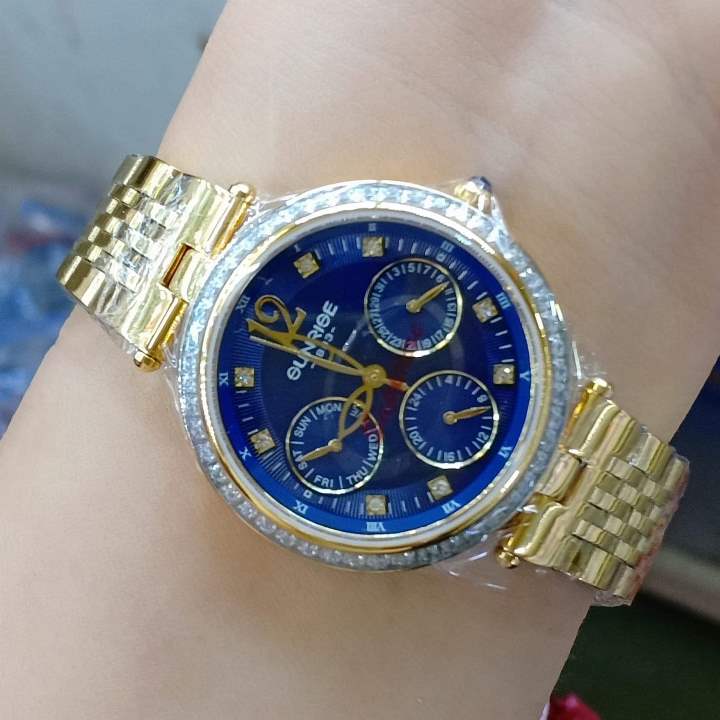 Đồng hồ nữ sunrise 2191aa viền đính đá sang trọng, chạy 6 kim đẳng cấp, kính sapphire, chống nước 3atm
