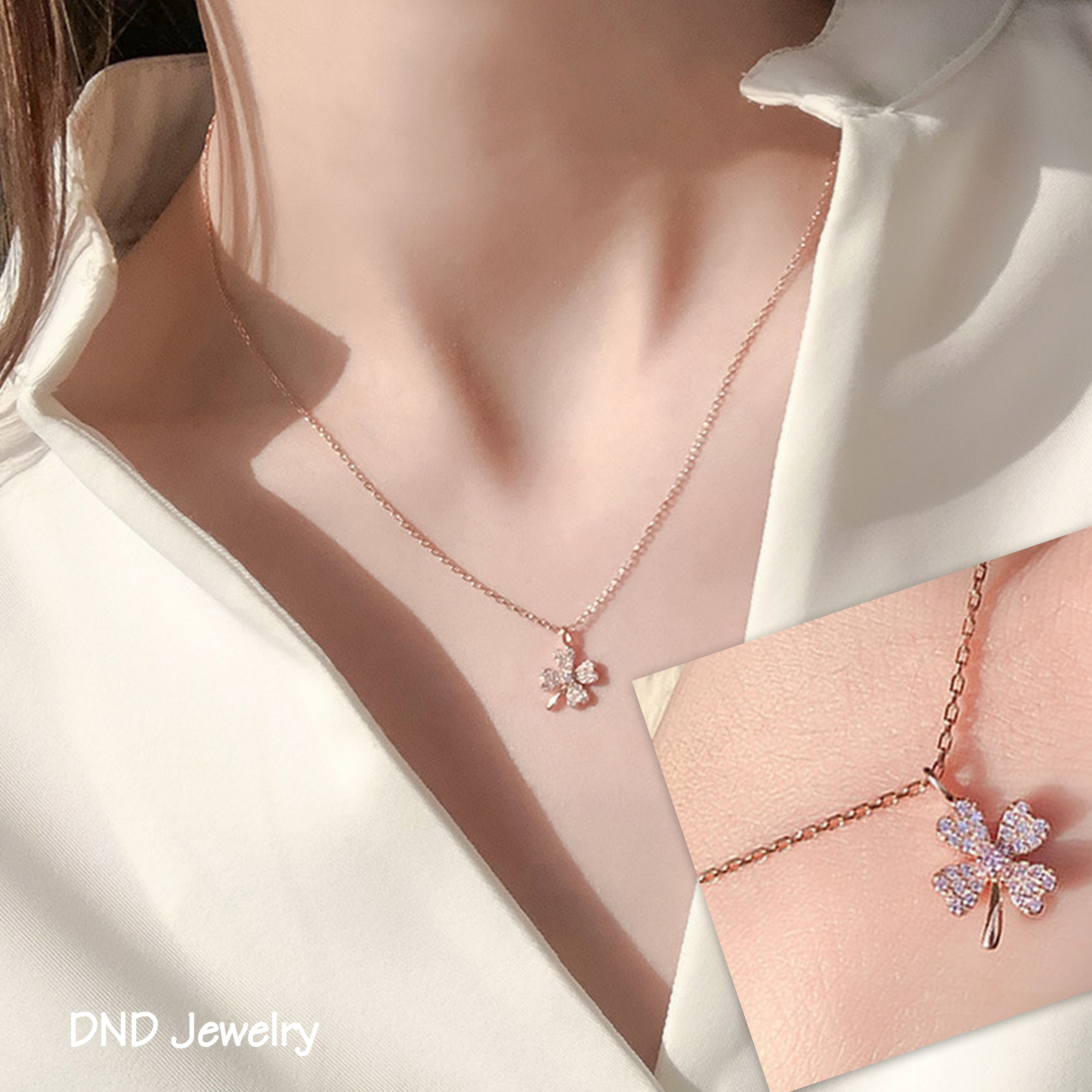 Vòng cổ bạc ánh kim lấp lánh sang trọng, Dây chuyền nữ sợi  mảnh mặt hình cỏ bốn lá đính đá  thời trang hàn quốc, chất lượng bạc S925