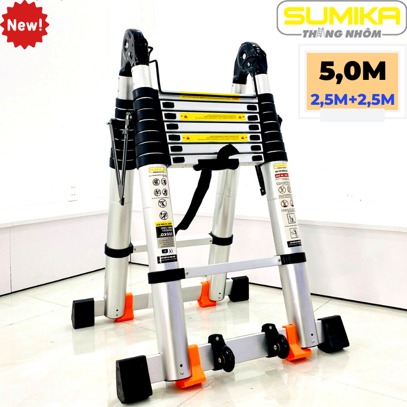 Thang nhôm rút đôi (Chữ A: 2,5m Chữ I: 5m) Sumika SKS500D SK500DNEW - Nút cao su chống trượt, khóa chống rung lắc, 2x8 bậc, tải trọng 300kg, bảo hành 2 năm