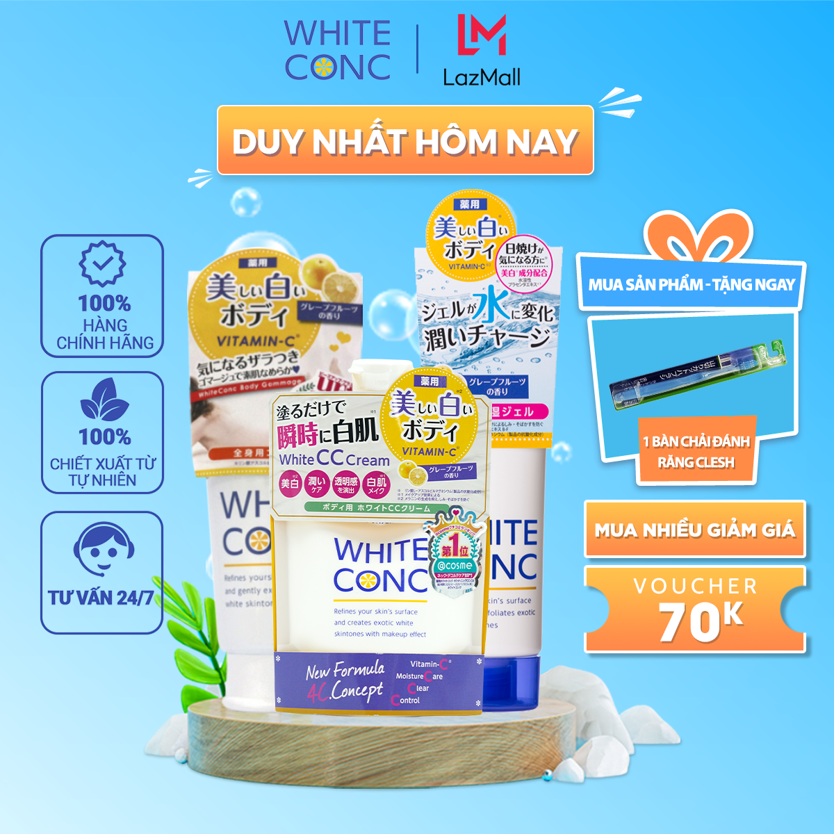 Combo 3 sản phẩm tẩy da chết trắng da toàn thân white ConC body GC II, dưỡng trắng da ban ngày White conC white CC cream CII và kem dưỡng ẩm trắng da toàn thân White ConC watery cream- Nhật Bản