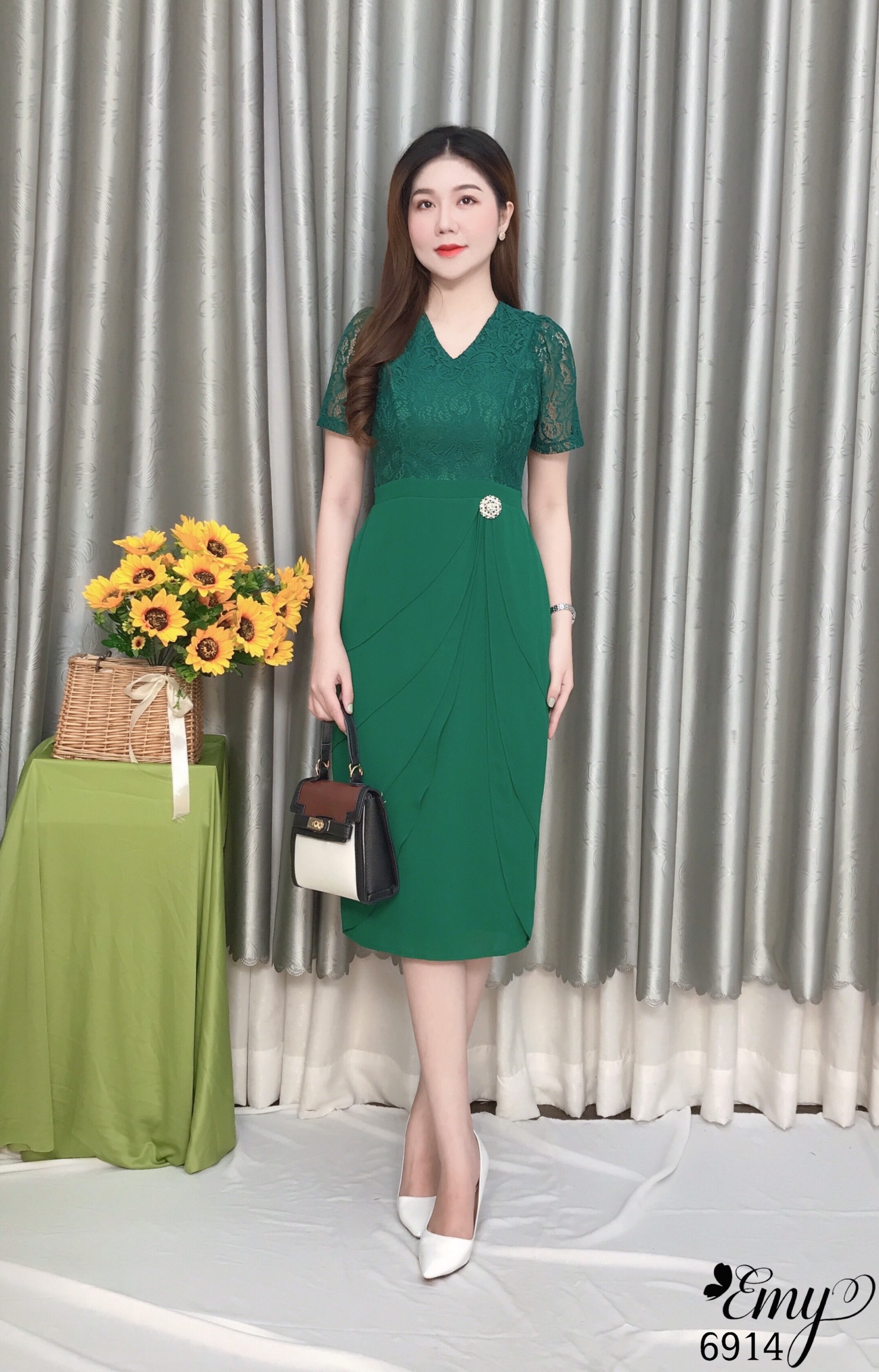 Đầm emy em6914 xoè xanh phối ren