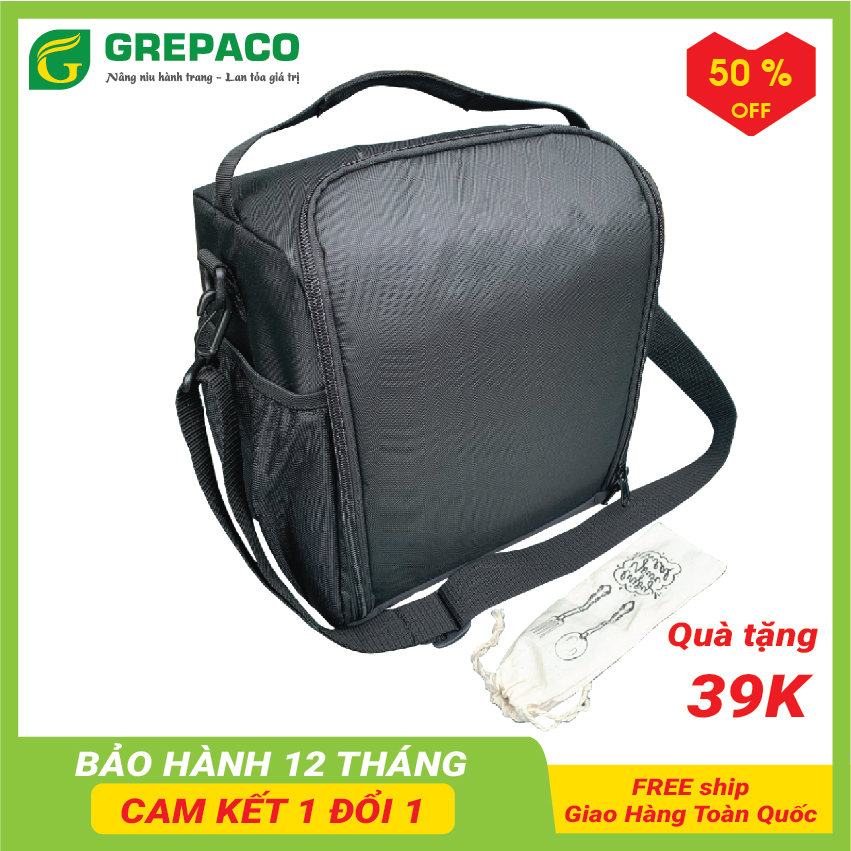 Túi Đựng Hộp Cơm GrepacoBags Giữ Nhiệt Văn Phòng Size Lớn Màu Đen Có Dây Kéo Vừa Quai Xách Quai Đeo Ngăn Phụ Trong Ngoài Tặng Túi Muỗng Nĩa (Lunch Bags, Box)