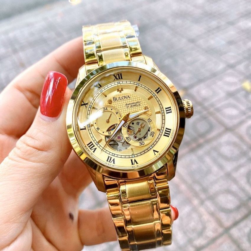 Đồng Hồ Nam Bulova Vàng Mặt Vàng Automatic Lộ Cơ 41mm