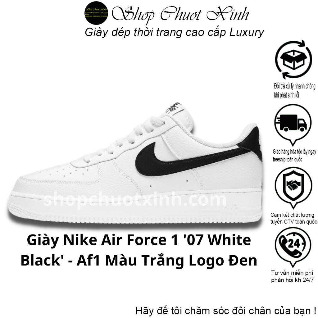 Giày af1 trắng logo đen bản nhâp trung cao cấp full size nam nữ 36-43 đủ phụ kiện túi hộp box bv shopchuotxinh