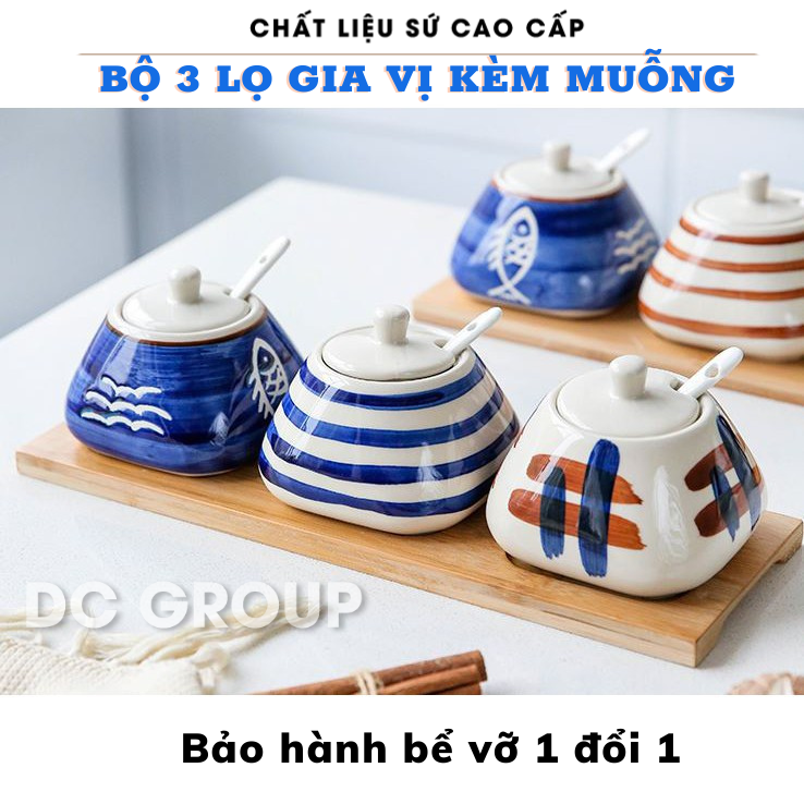 Bộ 3 lọ đựng gia vị nhà bếp bằng sứ cao cấp- Tặng kèm muỗng