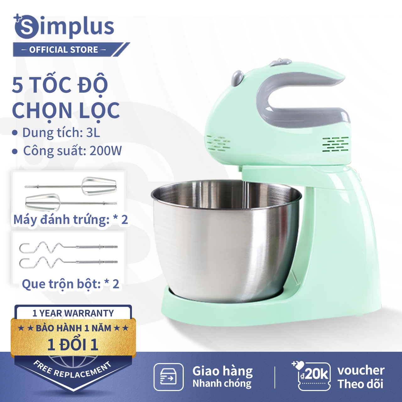 Máy trộn bột Simplus Máy trộn đa năng nhào bột, đánh kem, nhỏ gọn dùng trong gia đình HMJH001