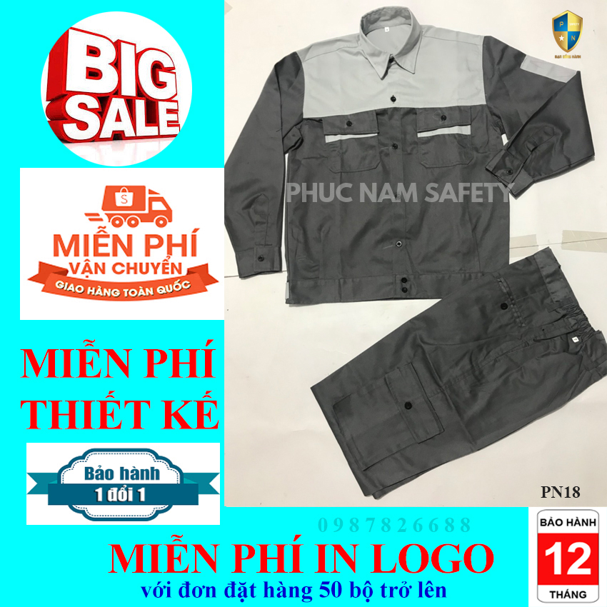 Bộ quần áo bảo hộ lao động màu chì phối ghi sáng – PN18, quần áo bảo hộ chất lượng, quần áo bảo hộ lao giá rẻ, đồng phục công ty, đồng phục kỹ sư, đồng phục công ty, bảo hộ lao động Phúc Nam