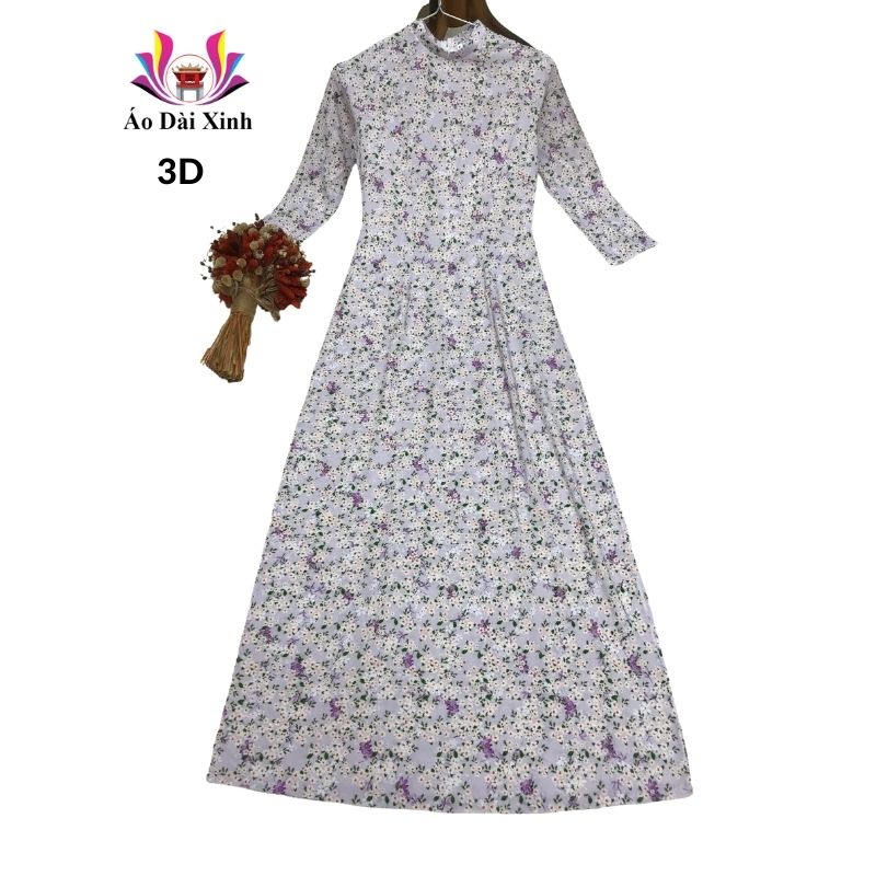 Áo dài truyền thống in 3D lụa Nhật cổ 2cm tay lỡ màu trắng hoa nhí tím.