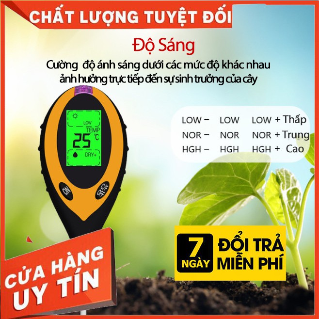Bút đo ph '4in1' - cường độ ánh sáng, nhiệt độ, độ ẩm, ph đất - nước