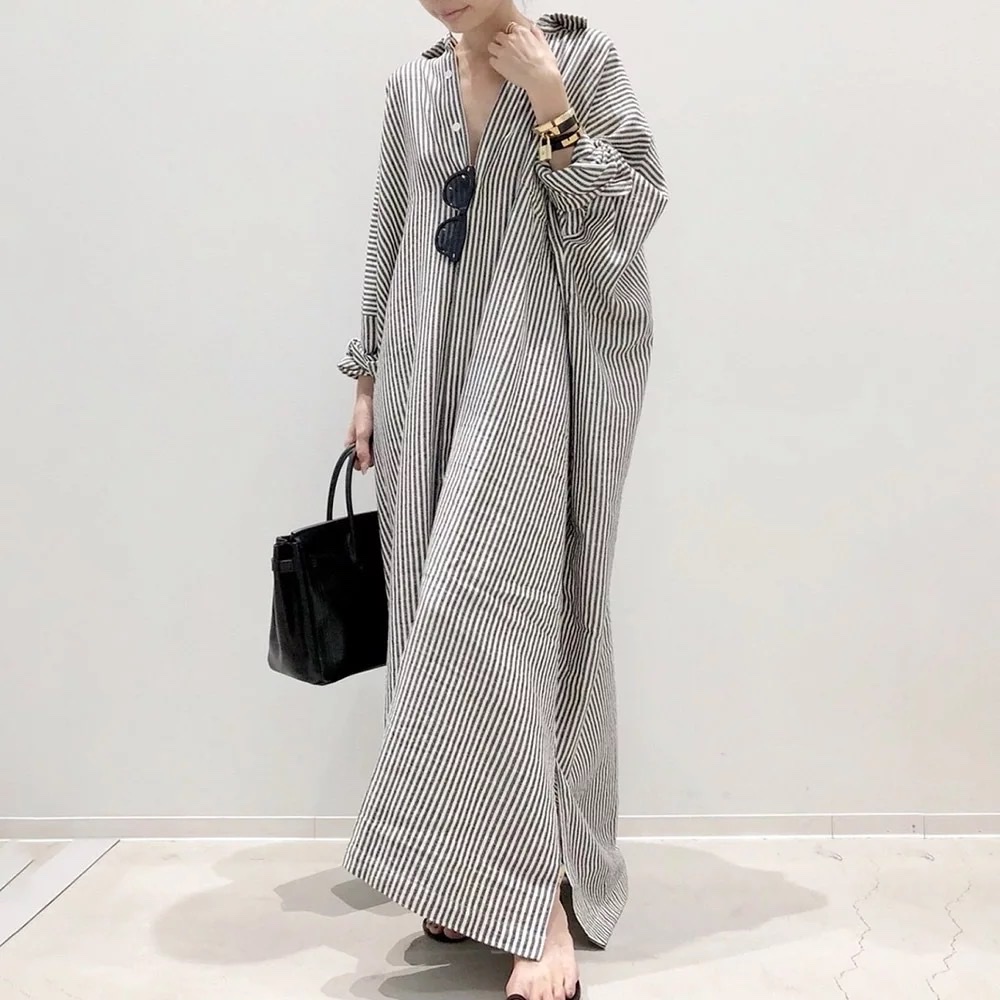 Váy maxi sọc cotton dáng rộng, tay dài