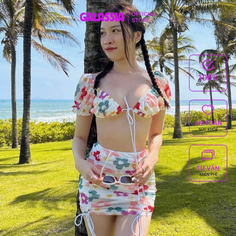 Bikini hoa đi biển 2 mảnh kèm chân váy rút dây đồ bơi nữ GALASSIA