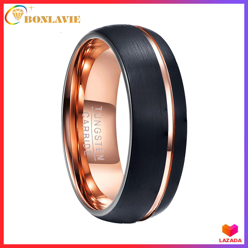 BONLAVIE Rose Gold Genuine Tungsten Carbide Wedding Band Ring Grooved Black Brushed Finish Comfort Fit Size 7 to 12