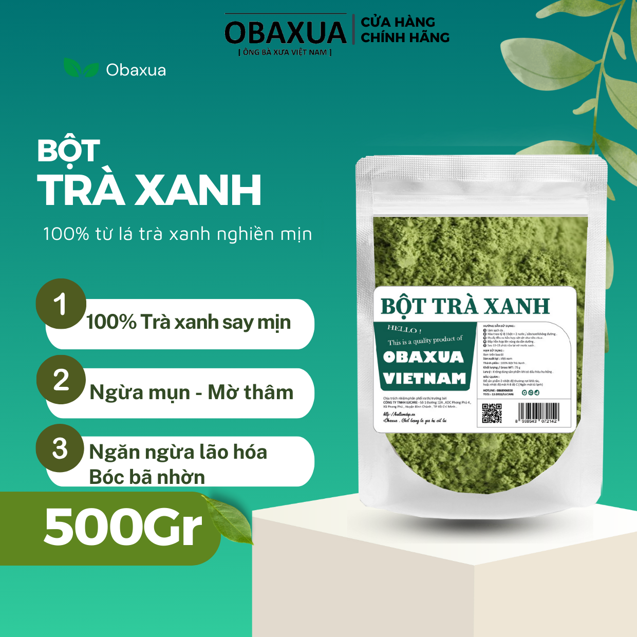 Bột trà xanh hữu cơ nguyên chất [ 250Gr , 500Gr ] OBAXUA - Mặt nạ bột đắp mặt - giúp bóc bã nhờn, ngừa mụn, mờ thâm