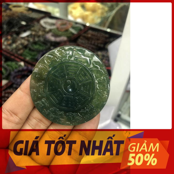 Mặt dây chuyền bát quái 12 con giáp phong thủy đá ngọc băng tảo