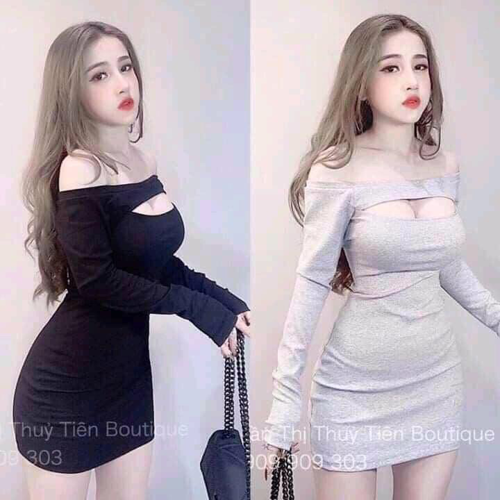 đầm body nữ tay dài trễ vai kiểu khoét ngực ngợi cảm