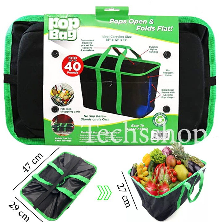 Túi đựng thực phẩm rau củ quả gấp gọn đa năng Pop Bag - Giỏ xách thức ăn xếp gọn - Túi đựng thú cưng - Giỏ đi chợ siêu thị - Dụng cụ đi phượt dã ngoại cắm trại du lịch - Túi xách xe ô tô - Túi vải đựng đồ