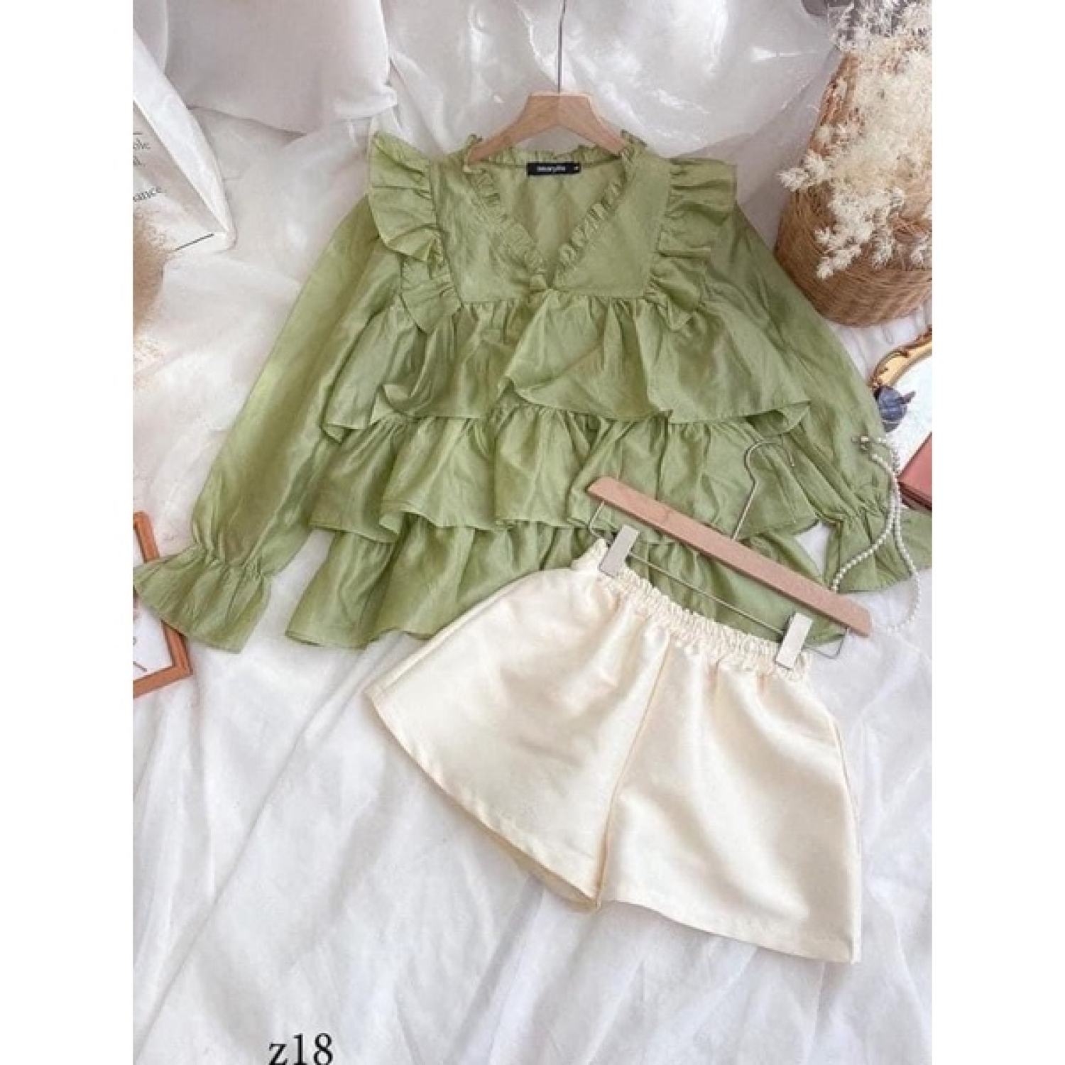 Set áo babydoll tầng cổ bèo kèm quần bigsize 6090kg
