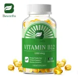 BEWORTHS Viên nang Vitamin B12 1000 Mcg với Tảo xoắn hữu cơ Hỗ trợ Tâm trạng, Năng lượng, Sức khỏe của Tim và Mắt khỏe mạnh