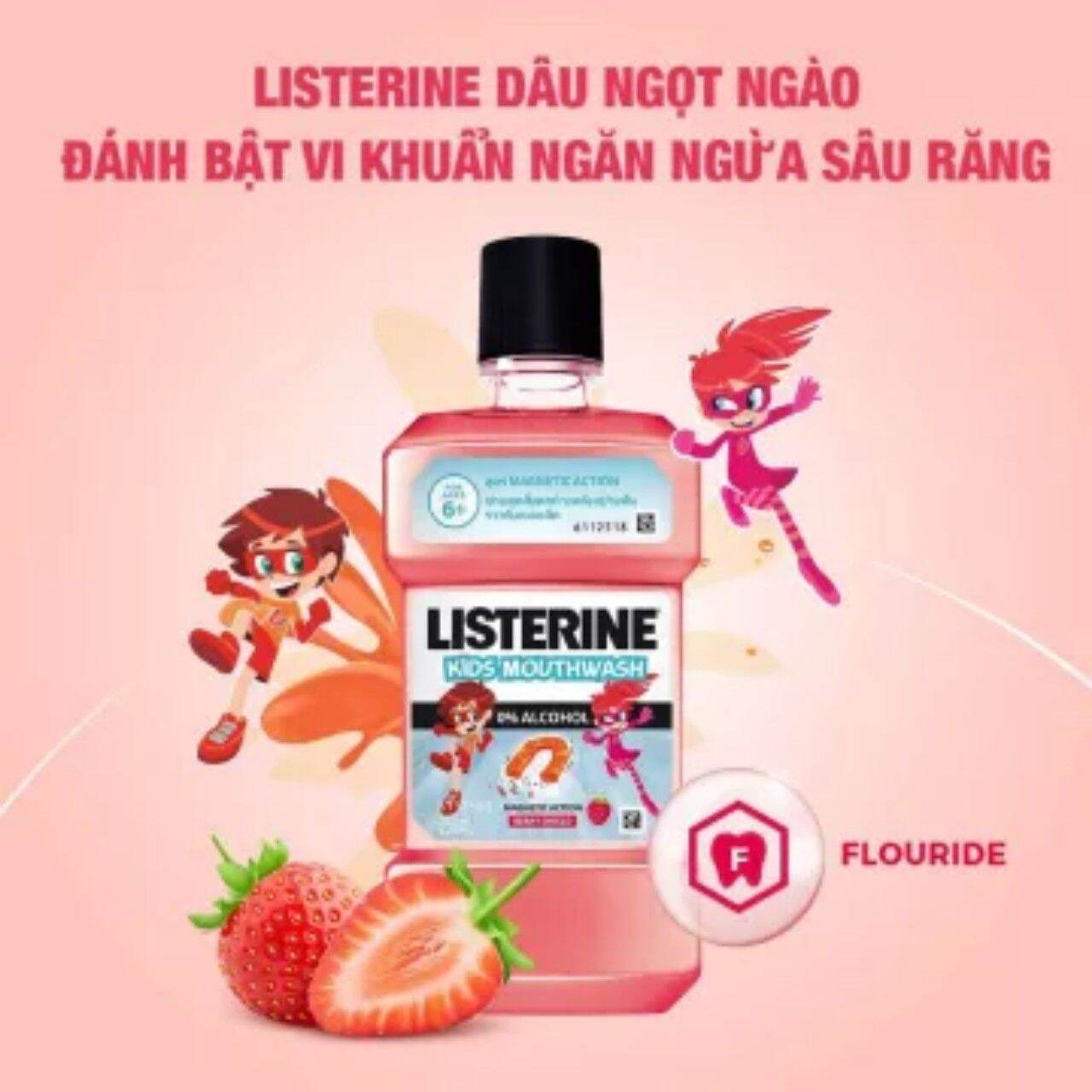 Nước súc miệng cho trẻ em Listerine Kids Mouthwash hương dâu chai 250ml