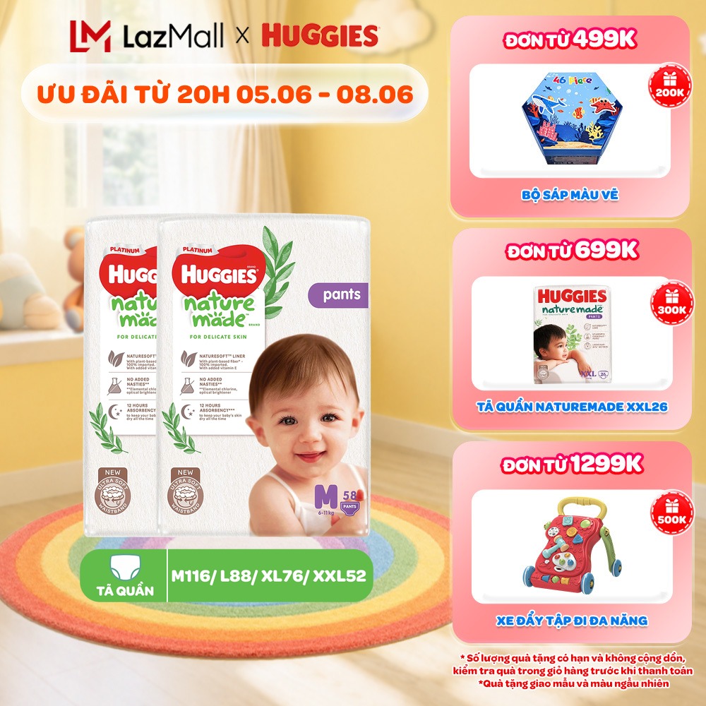 Combo 2 Tã/Bỉm quần Huggies NatureMade M58/ L44/XL38/XXL26/XXXL28
