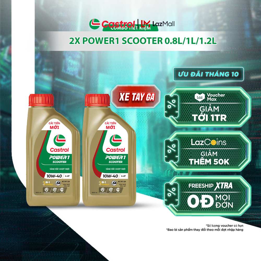 COMBO 2 Dầu nhớt xe tay ga Castrol POWER1 SCOOTER 10W-40 4-AT (0.8L/1L/1.2L)