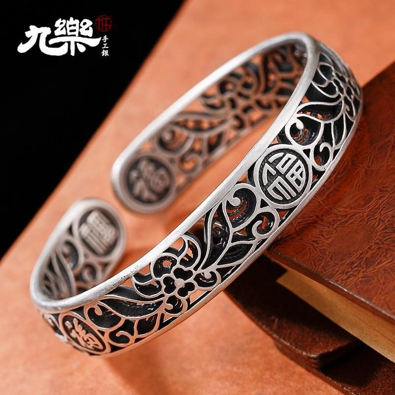 ☋▨  Nine le s999 manual carve patterns or designs on retro everyone female flowers do old solid sterling bracelet send mother mother's day
