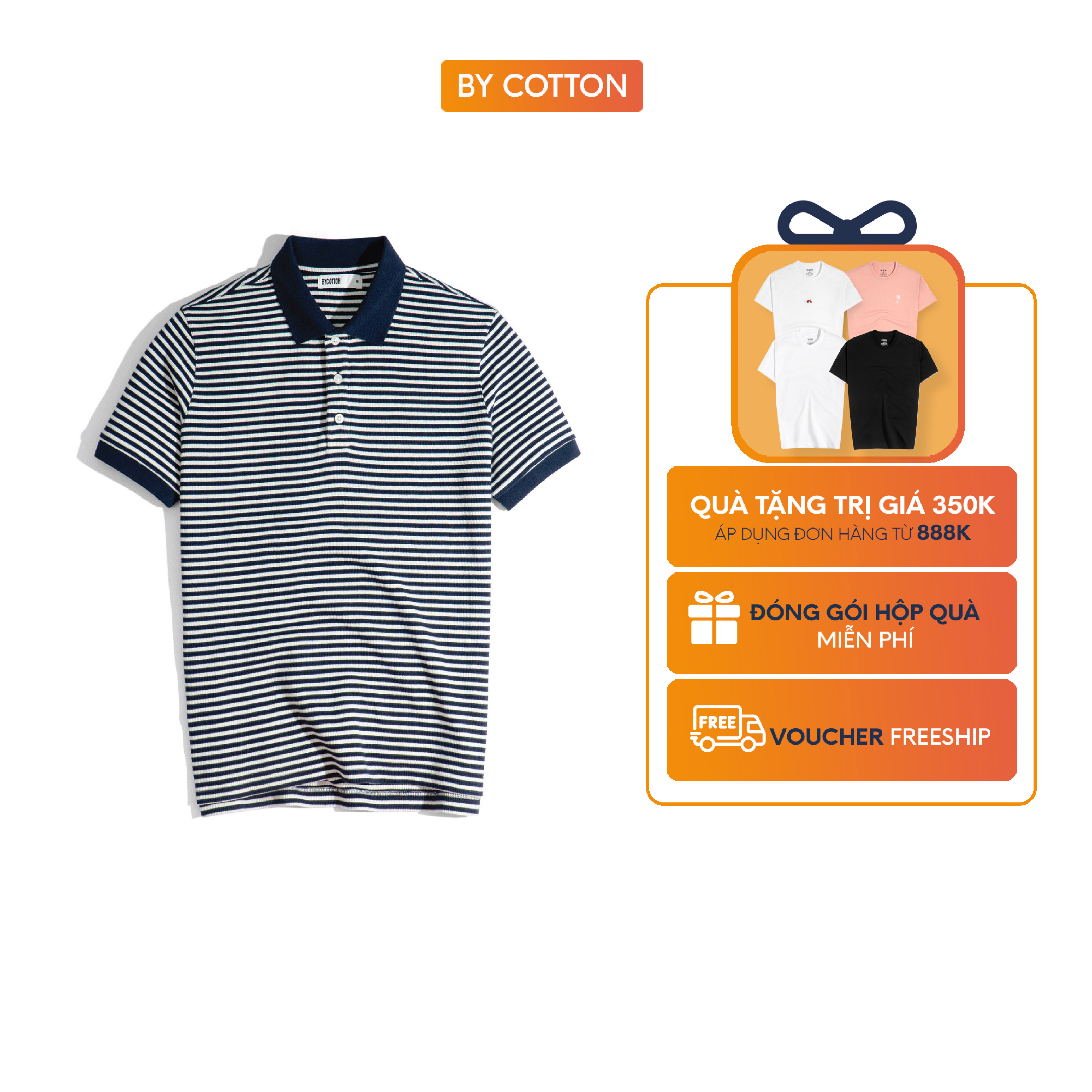 Áo thun nam cao cấp polo sọc trắng xanh by cotton