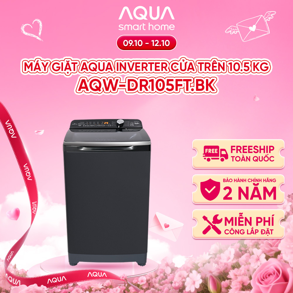 Máy giặt cửa trên Aqua Inverter 10.5 KG AQW-DR105FT.BK - Bảo hành động cơ trọn đời - Miễn phí giao hàng toàn quốc