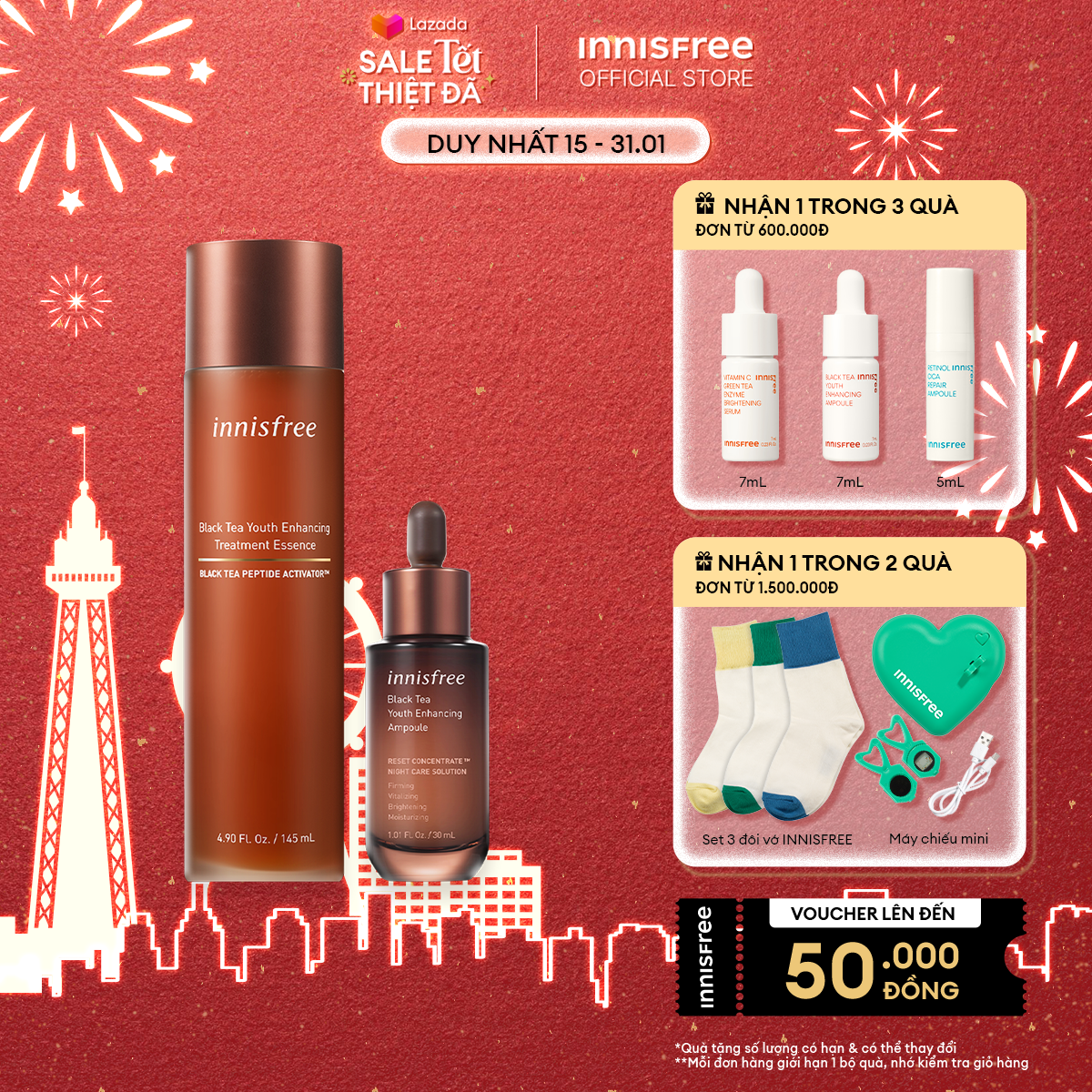 [15-31.1_Mua là có quà + Voucher đến 50k]Bộ đôi Nước dưỡng và tinh chất phục hồi và ngăn ngừa lão hóa Trà Đen