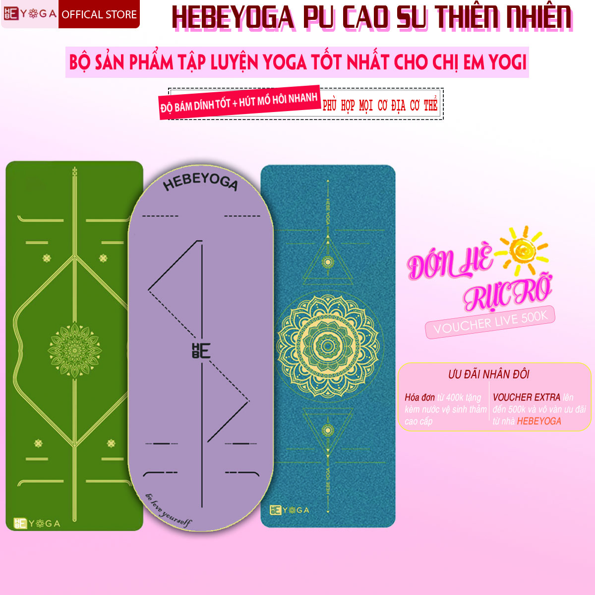 Thảm Tập Yoga Gym Định Tuyến HEBEYOGA Cao Su PU 5mm Siêu Bám Hút Mồ Hôi Nhanh Cao Cấp