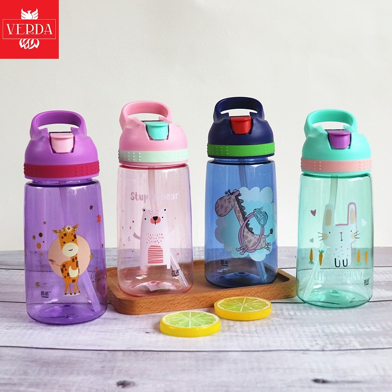 Bình nước cho bé đi học trẻ em uống nước chống sặc có ống hút hoạt hình dễ thương màu hồng xanh tím