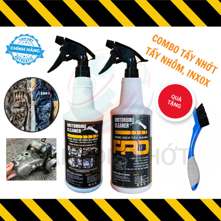 Tẩy rửa dầu nhớt Motorbike Cleaner + Tẩy Nhôm, Inox Motorbike Cleaner Pro + Cọ Đa Năng