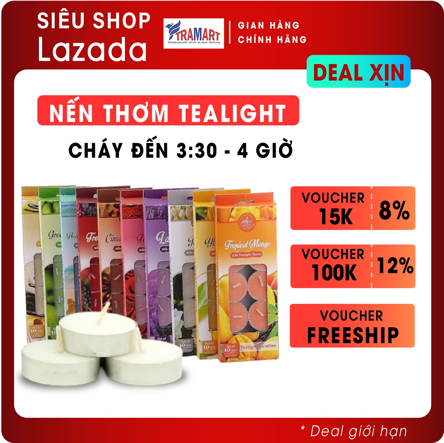Trọn bộ 10 hộp nến tealight thơm đủ 10 mùi hương Miss Candle FtraMart MIC0147 (Đủ 10 màu)